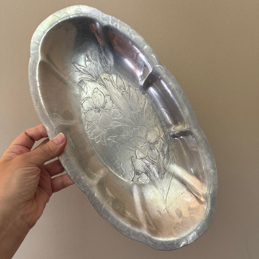 Vintage Etched Metal Bread Tray Mid Century Floral Scalloped Serving Dish